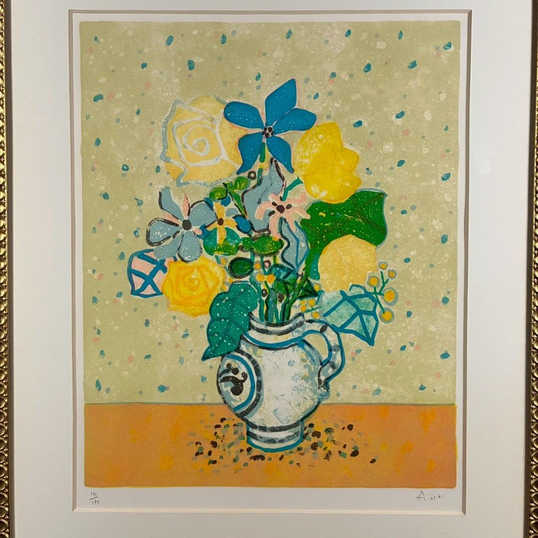 美品 ポール・アイズピリ「ベージュ背景のバラの花束」リトグラフ