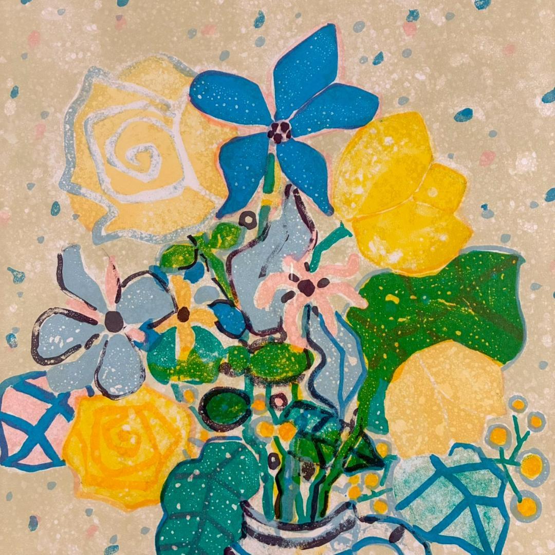 美品 ポール・アイズピリ「ベージュ背景のバラの花束」リトグラフ