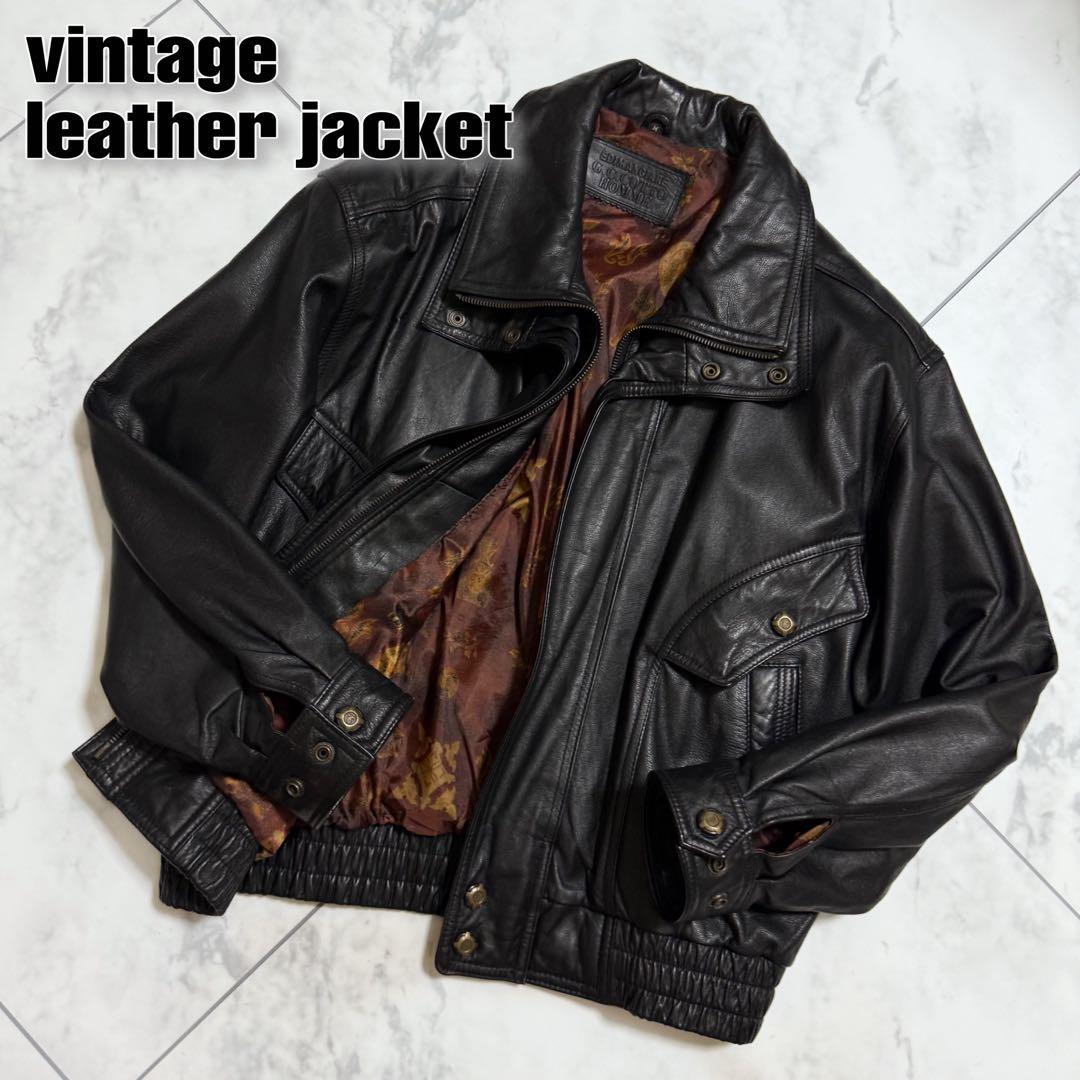 古着　ヴィンテージ　レザージャケット　短丈　本革　レザー　ボンバージャケット　黒 80～90s Unknown ブラック レザー ブルゾン 本革 ヴィンテージ