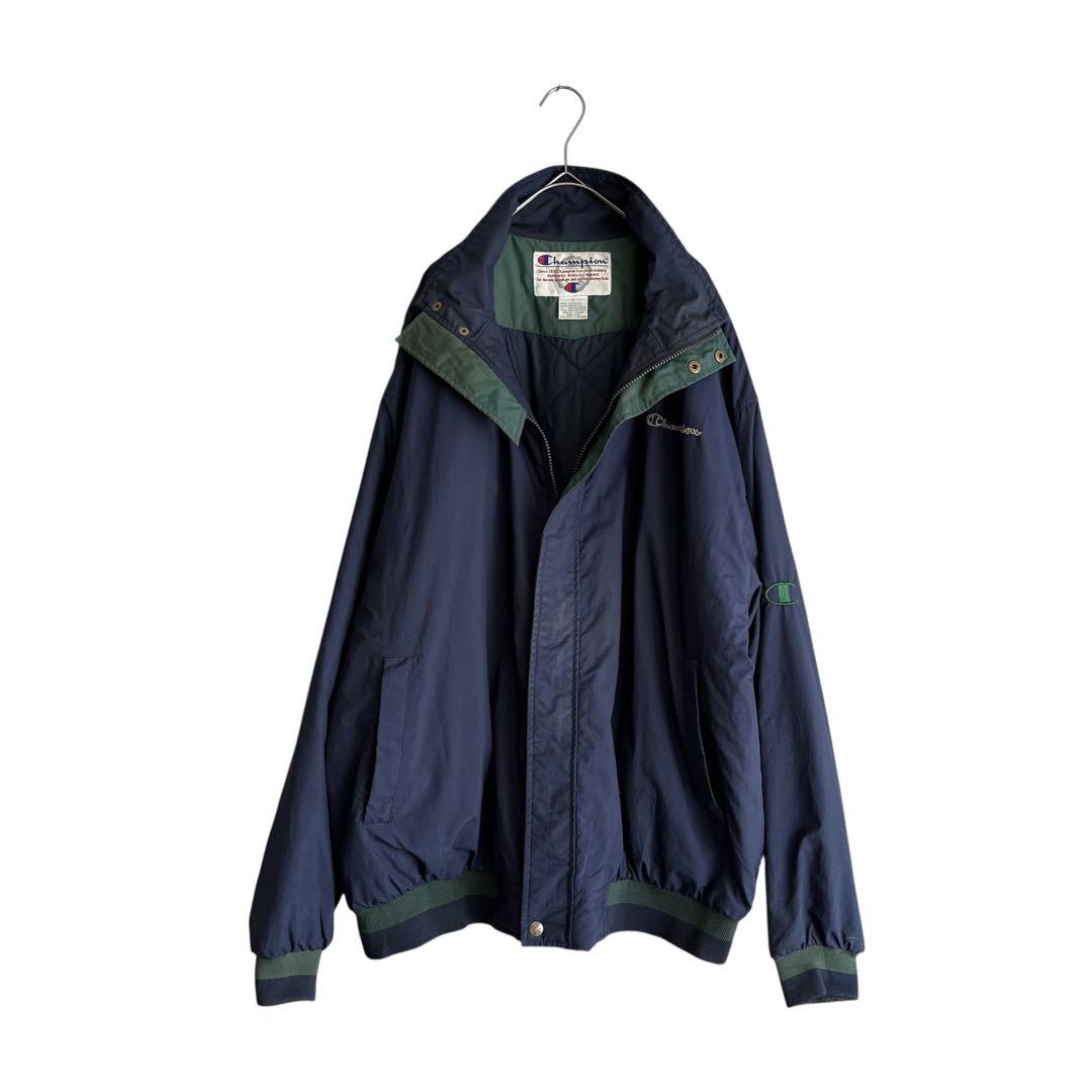 90s Champion中綿ナイロンジャケット実寸XL好配色ビッグロゴ刺繍 古着