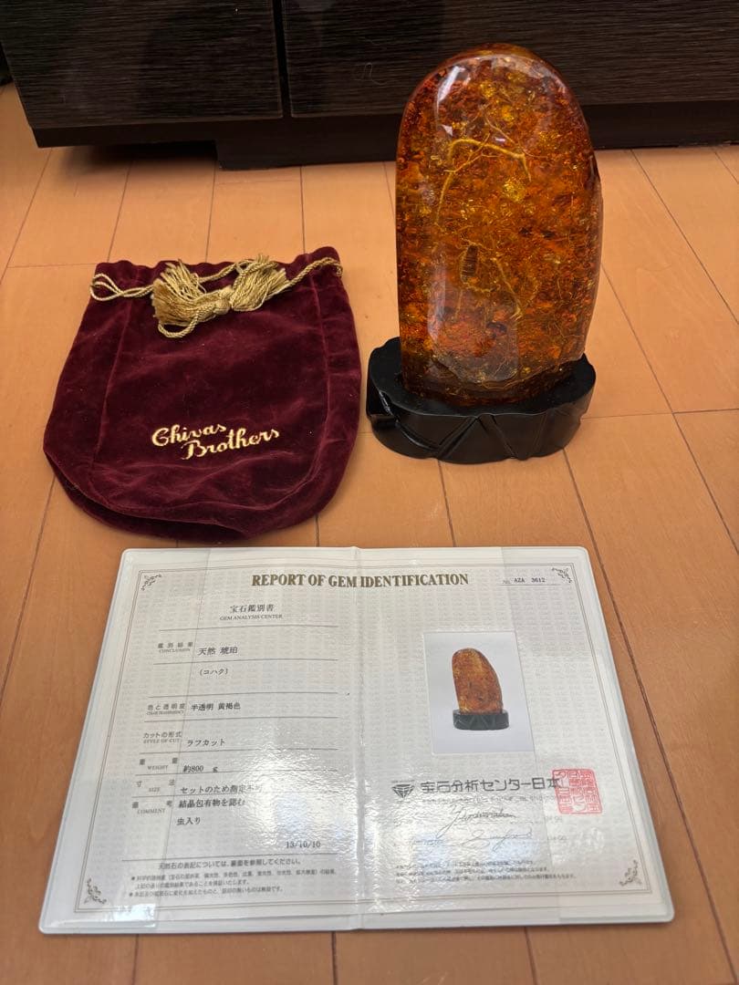 天然琥珀　虫入り約800g 特大　宝石鑑別書横10cm 縦19cm 厚さ約5cm
