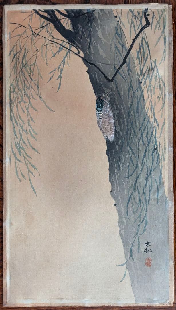 小原古邨「柳に油蟬」本物木版画 小原古邨 木版画12点出品中 Lot.139-150 明治末から昭和前期にかけて