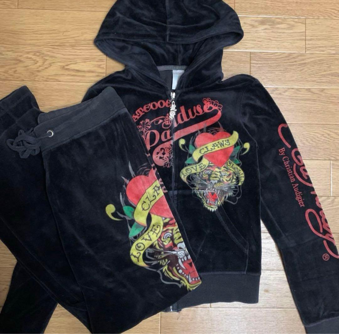 Y2K ギャル エドハーディー ベロア セットアップ ブラック サイズS