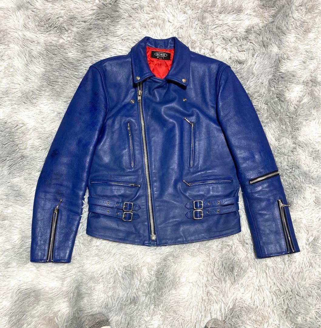 良品】HORN WORKS 本革ダブルライダースジャケット 青×赤 XLサイズ