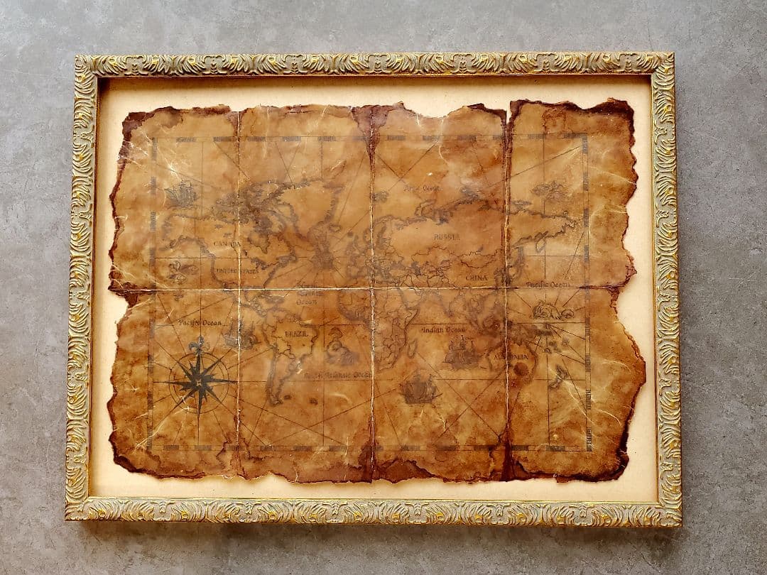 宝の地図 世界地図 古地図 額縁付き ヴィンテージ ポスター