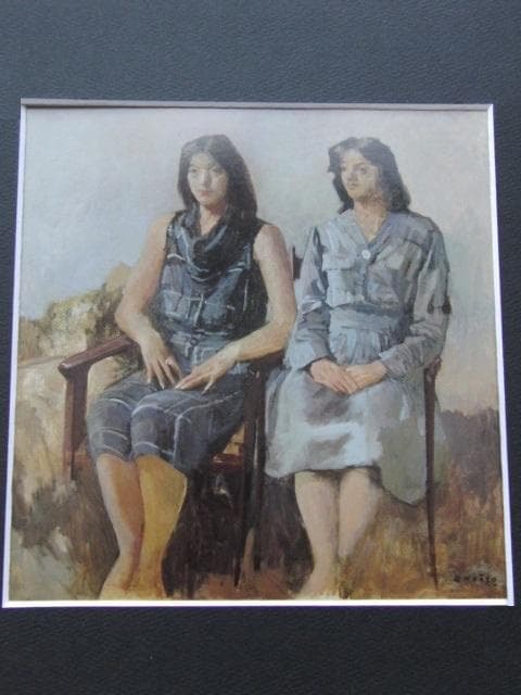 小磯良平、【腰かける二人】、希少な大判額装用画集より、美品