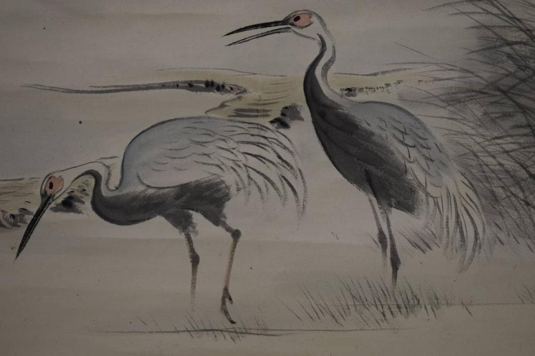 真作/荒木寛畝/山水双鶴図/布袋屋掛軸HH-810