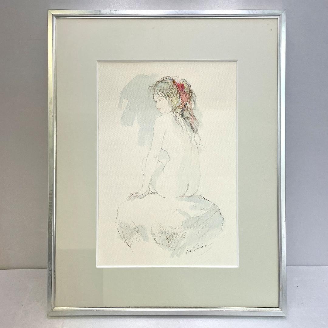 1月末迄出品【真作】進徹　赤いリボンの裸婦　水彩、パステル画