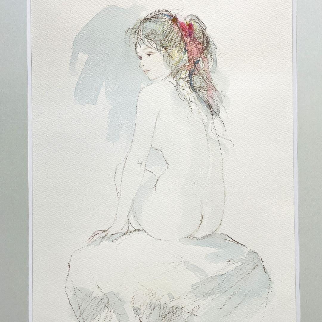 1月末迄出品【真作】進徹　赤いリボンの裸婦　水彩、パステル画
