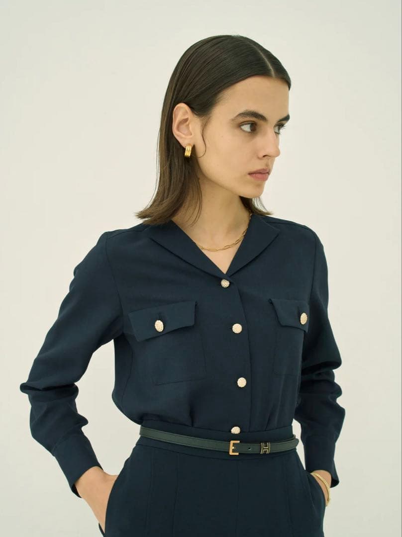 MW TRIACETATE-D Vネックブラウス ダークネイビー　40 新品 ニッセン（nissen） トップス Vネック ブラウス レディース とろみ