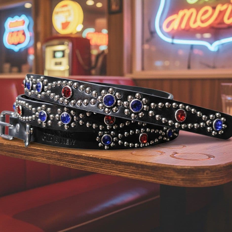 クロス赤青■本革レザーフルスタッズナローベルト☆ヴィンテージアメカジ古着キムタク