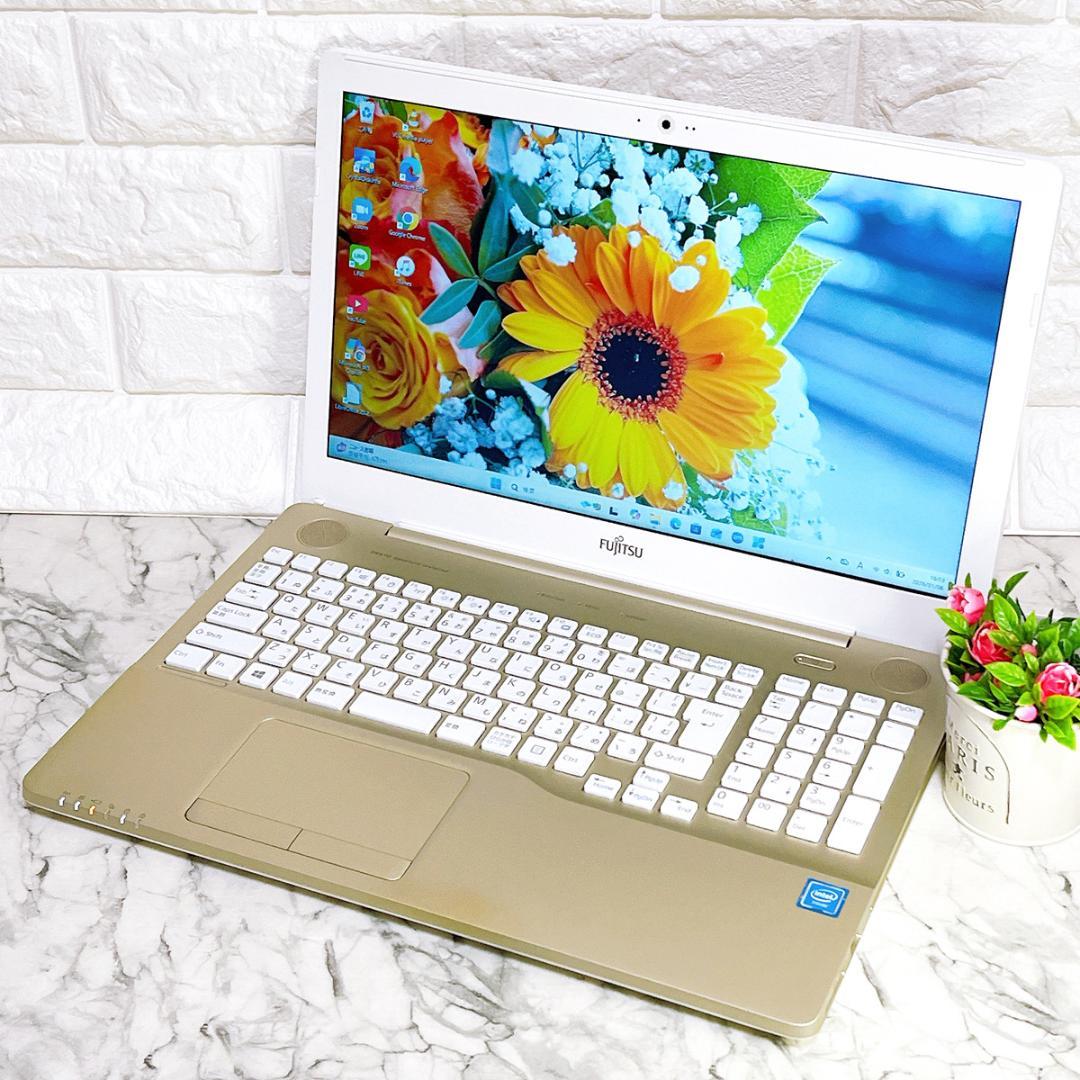 超美品ゴールド✨爆速SSD薄型ノートパソコン✨Windows11✨カメラオフィス