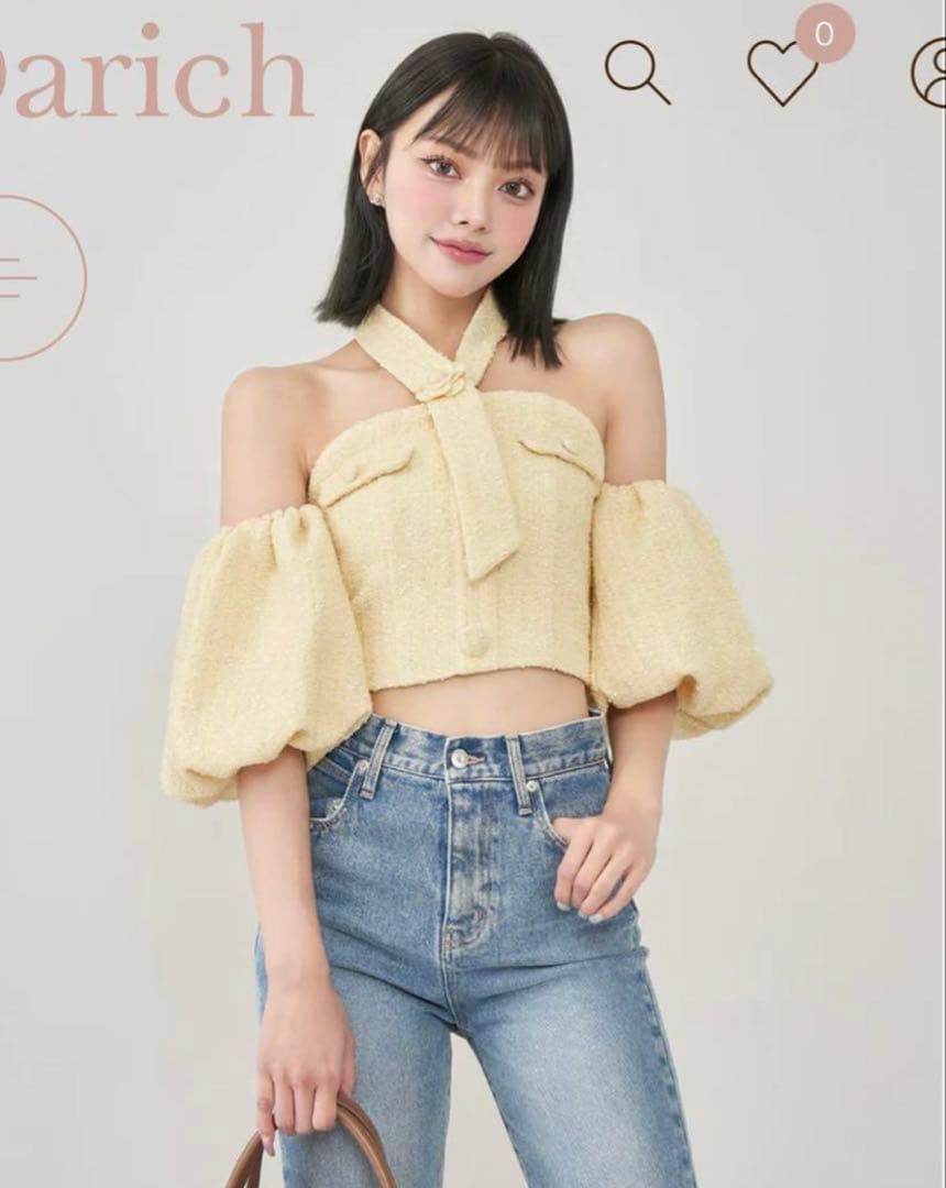 ダーリッチ ホルターネックオフショルツイードトップス イエロー Darich