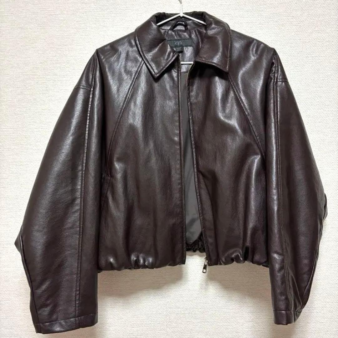 ZARA ダークブラウン レザージャケット ショート丈 - メルカリ