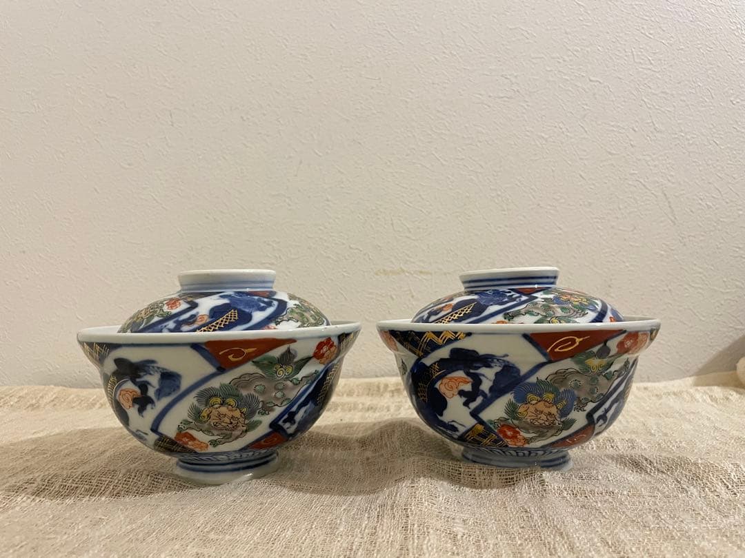 ☆ 古伊万里 色絵金彩 月弓 銘有 蓋茶椀 2客 骨董 古美術 古道具