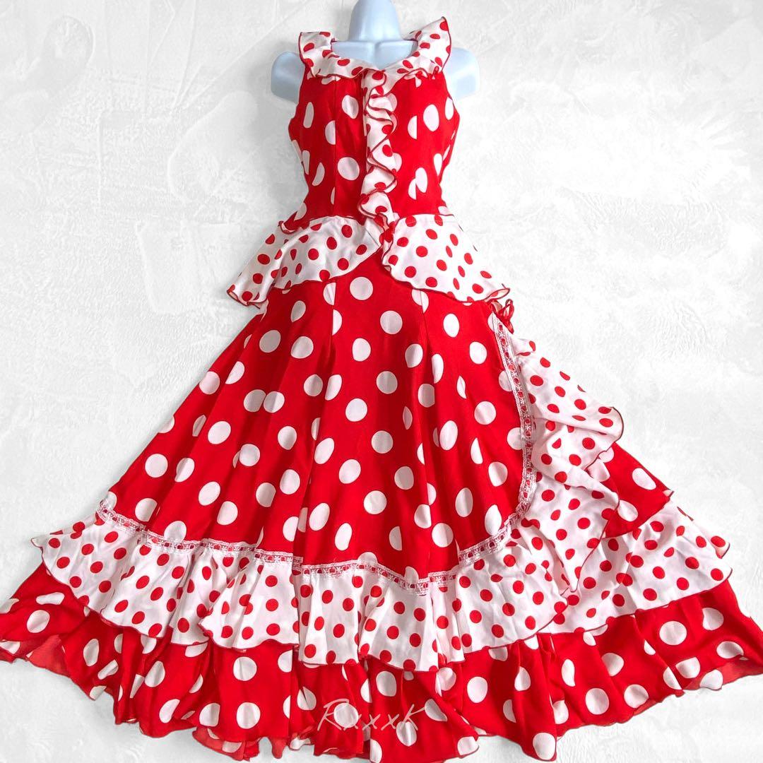 フラメンコ ドレス 衣装 ツーピース セットアップ 水玉 ドット 赤 白