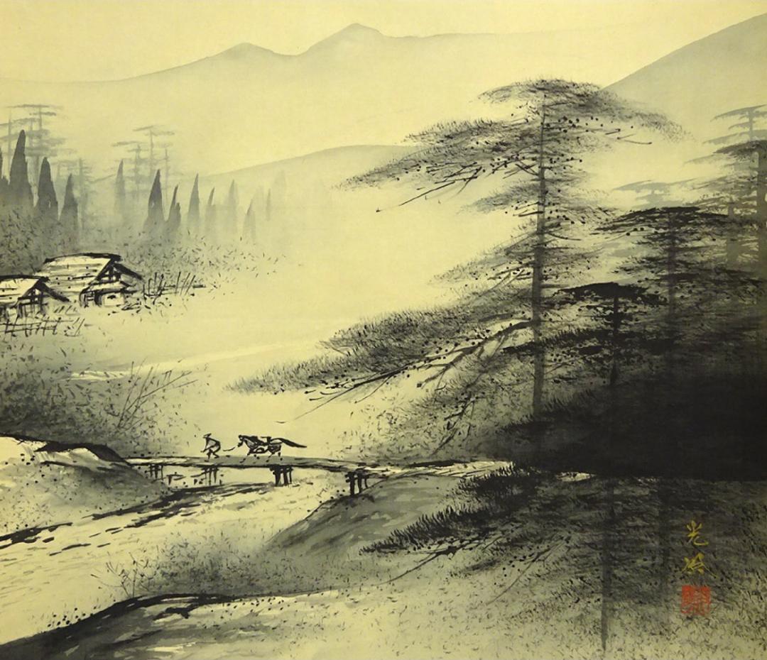 掛軸 狩野派直系 稲川光風『水墨山水図』絹本 肉筆 共箱付 掛け軸