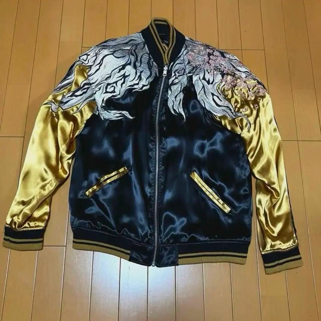 絡繰魂　スカジャン　九尾　Lサイズ 絡繰魂 粋 からくりだましい いき 枝垂れ桜に九尾 刺繍 和柄