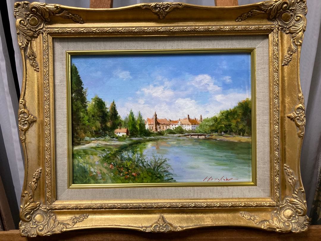 油彩 油絵 肉筆 ガロンヌ川畔【日下部寛】 額装 「美術年鑑」掲載作家　Ｆ４
