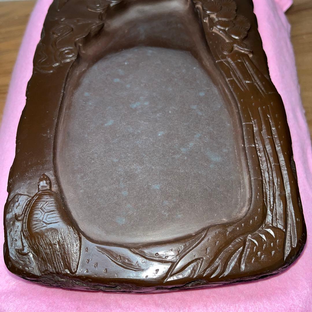⭕️赤間硯 曻進堂謹製 永久松鶴亀彫刻 美品 21cm超2kg超 大型 古硯