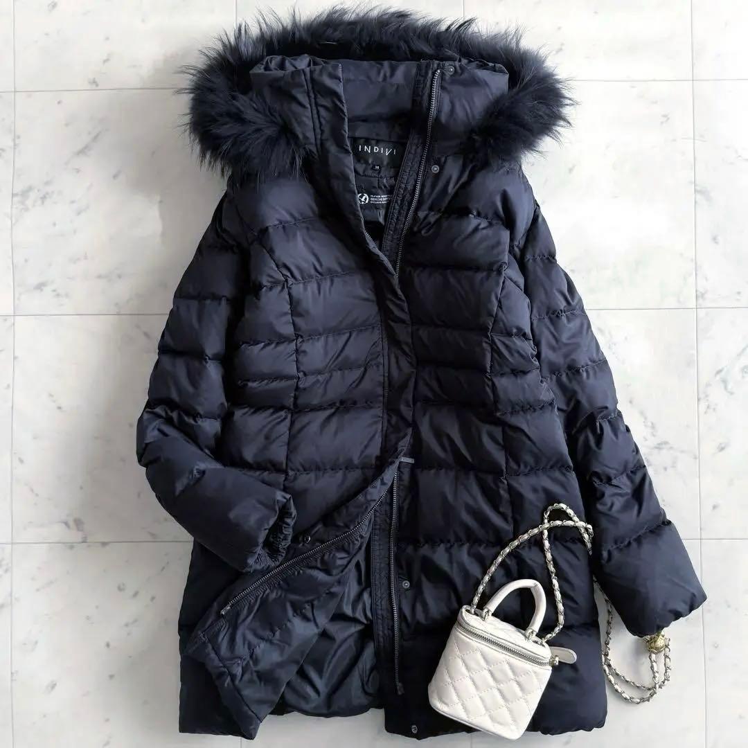 美品 インディヴィ フォックスファー フード ダウンコート◆ネイビー