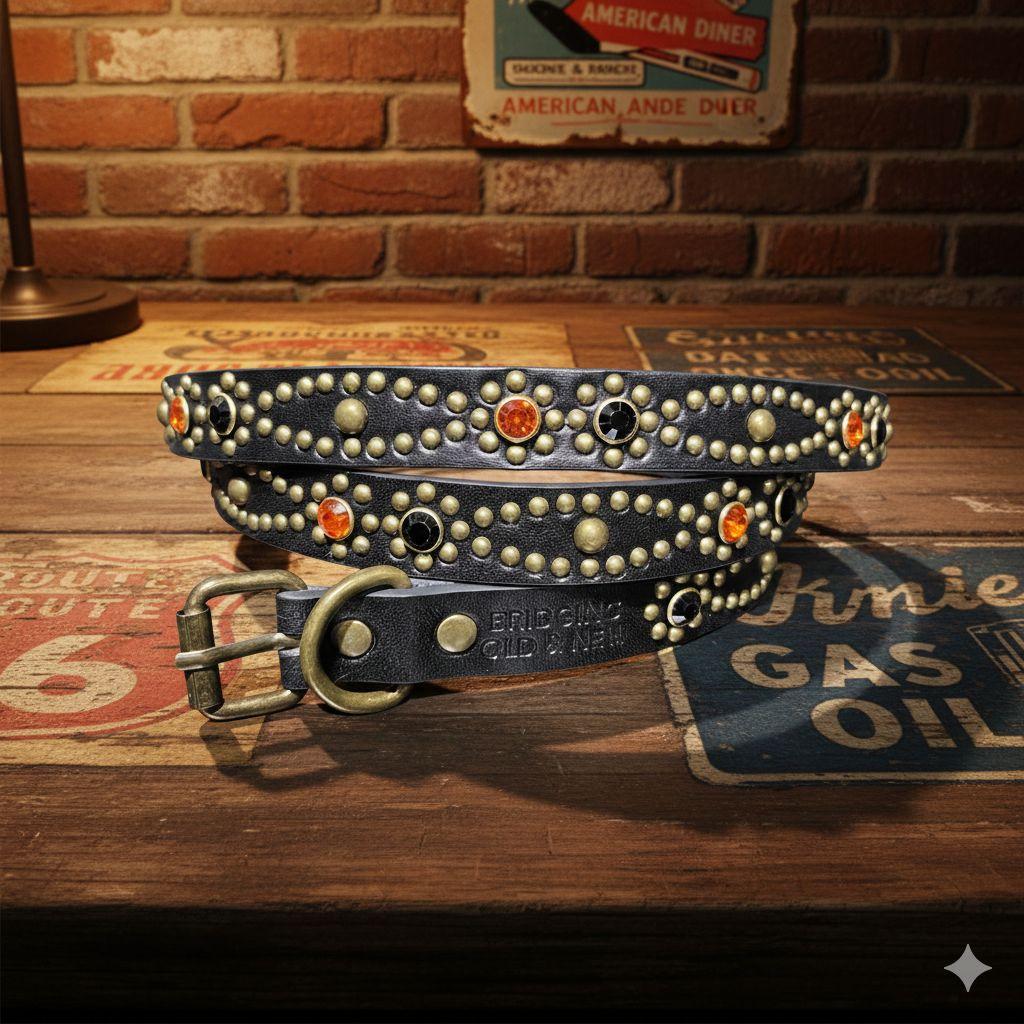 クロス橙■本革レザーフルスタッズナローベルト☆ヴィンテージアンティークゴールド