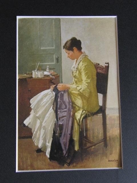 小磯良平、【裁縫する女】、希少な大判額装用画集より、美品、新品額装付