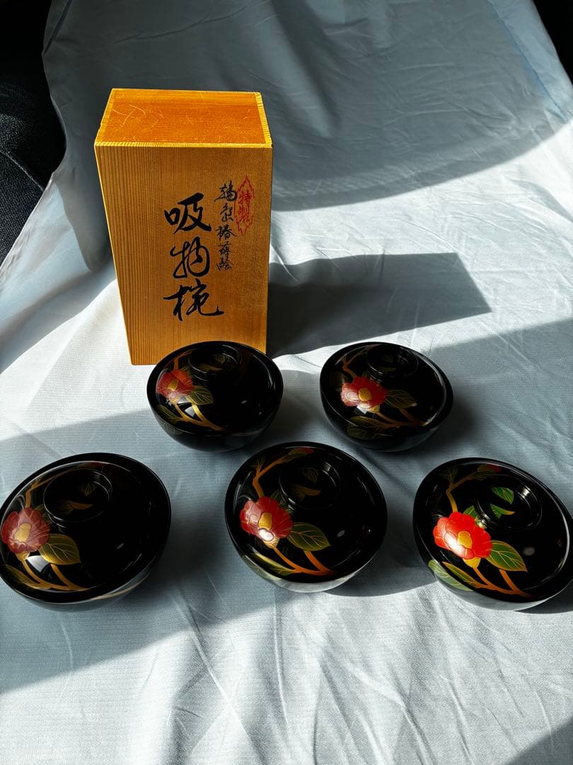 輪島塗 角知作 吸物椀 5客セット 共箱入 椿蒔絵 漆器 天然木 伝統工芸