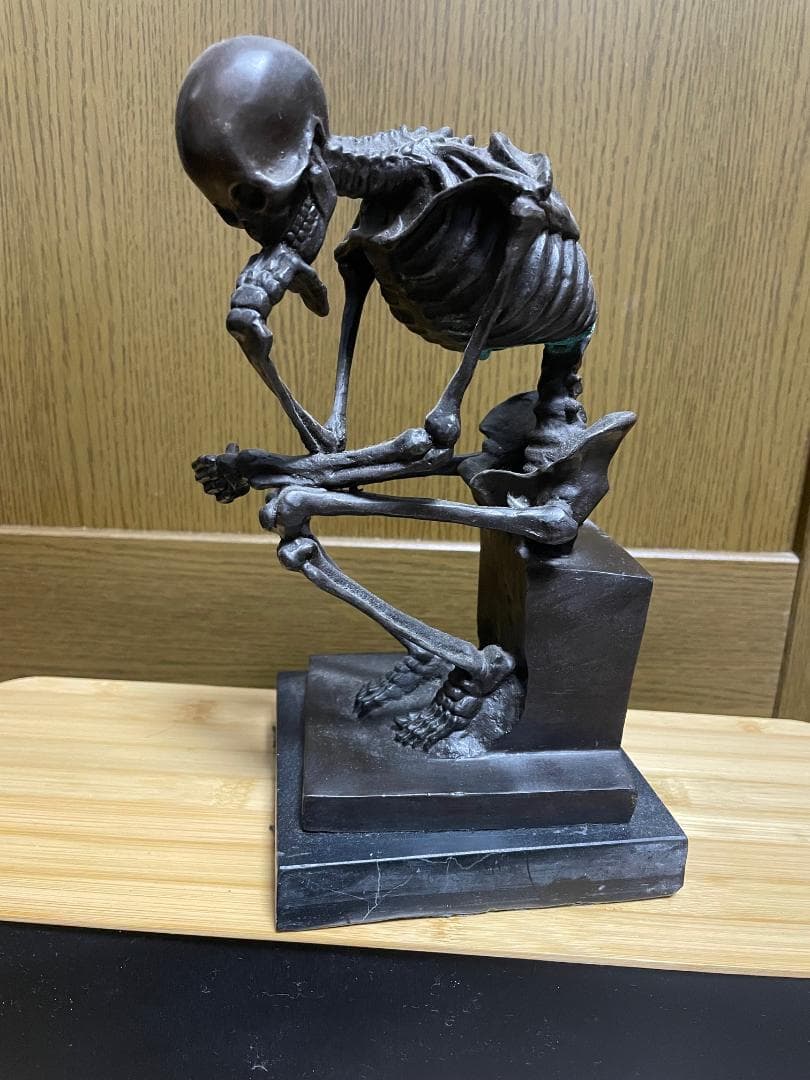 値下【美品】 純ブロンズ製（台座：大理石） スケルトンシンカー 考える骸骨彫像