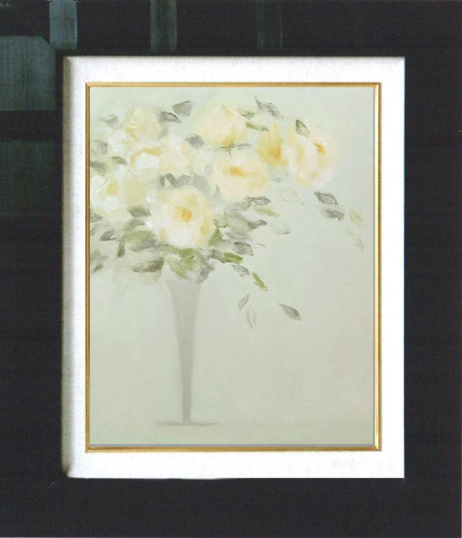 油絵 菅家令子 絵 絵画インテリア 額付(青緑＋金色の枠)uF6-113302花