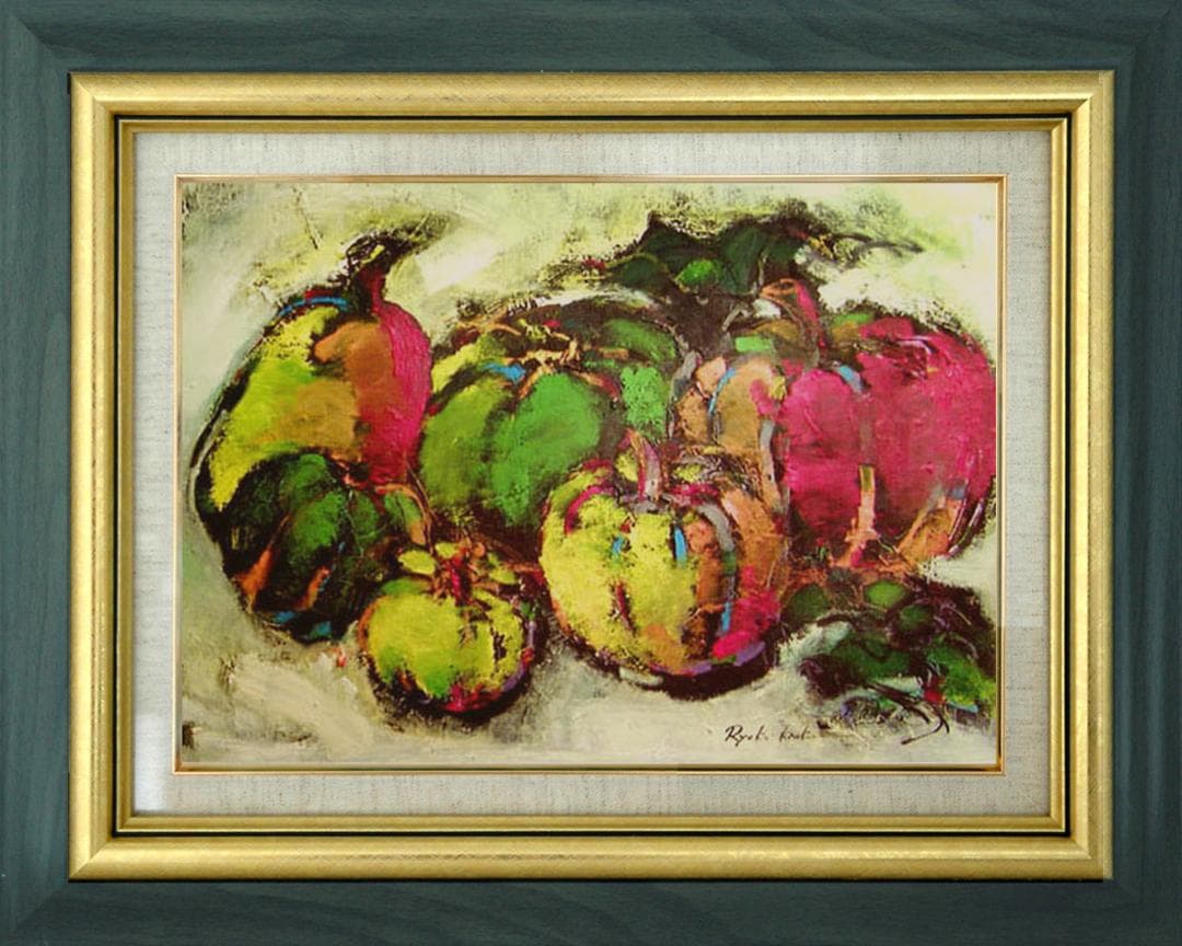 油絵 菅家令子絵 絵画インテリア額付(青緑＋金色の枠) uF6-061404果物