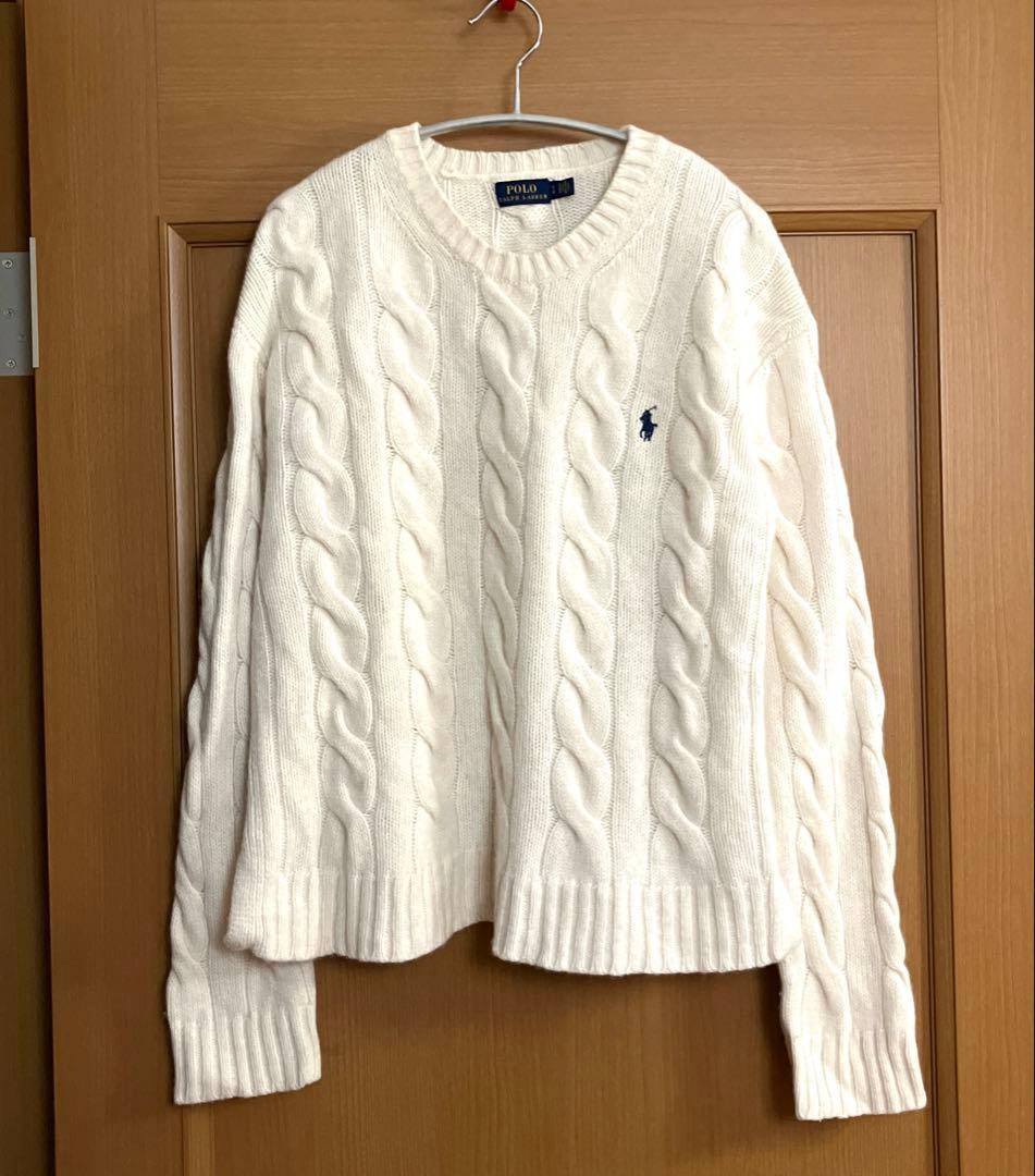 ポロラルフローレン　カシミヤ混 ケーブル編み ニット セーター L 白