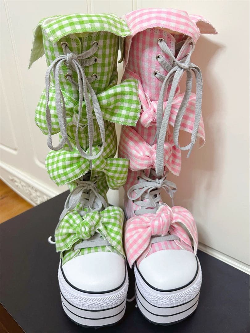 y2k 平成ギャル ギンガムチェックリボン ロングブーツ リボン厚底靴