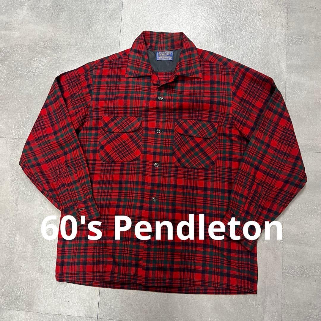 60sペンドルトンループシャツウール赤チェック開襟オープンカラー