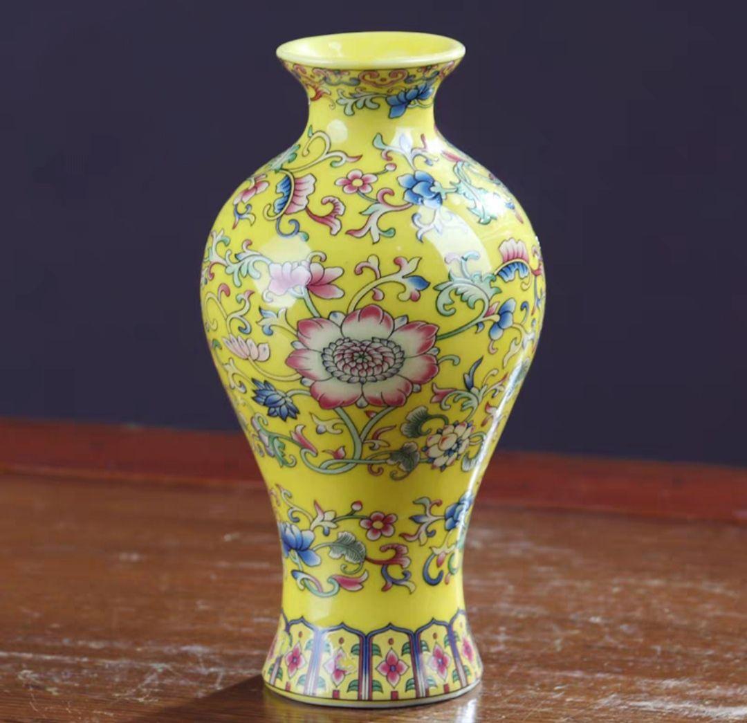 景徳鎮 美品 黄色魚尾花瓶 置物 アンティーク磁器