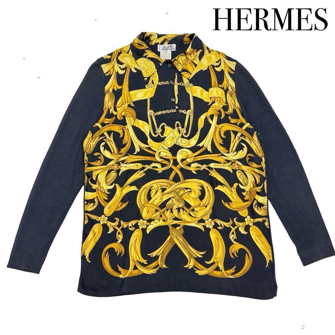 HERMES シャツ シルク カシミヤ ニット 表記XS レディース 黄 金