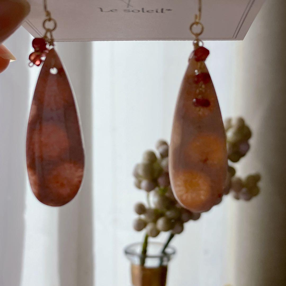 一点物✧ピンクフォッシルコーラル×パパラチアサファイアピアス✧14kgf