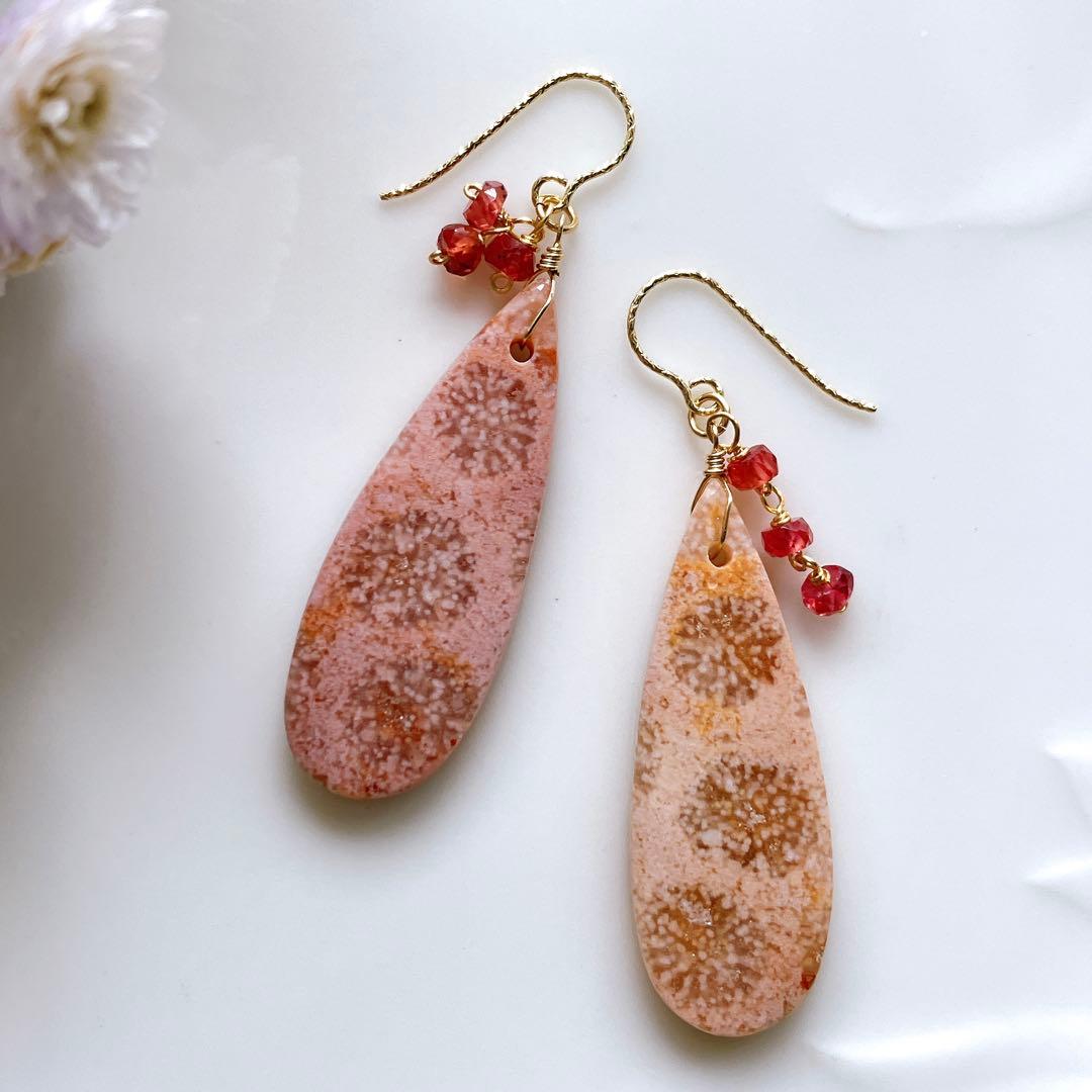 一点物✧ピンクフォッシルコーラル×パパラチアサファイアピアス✧14kgf