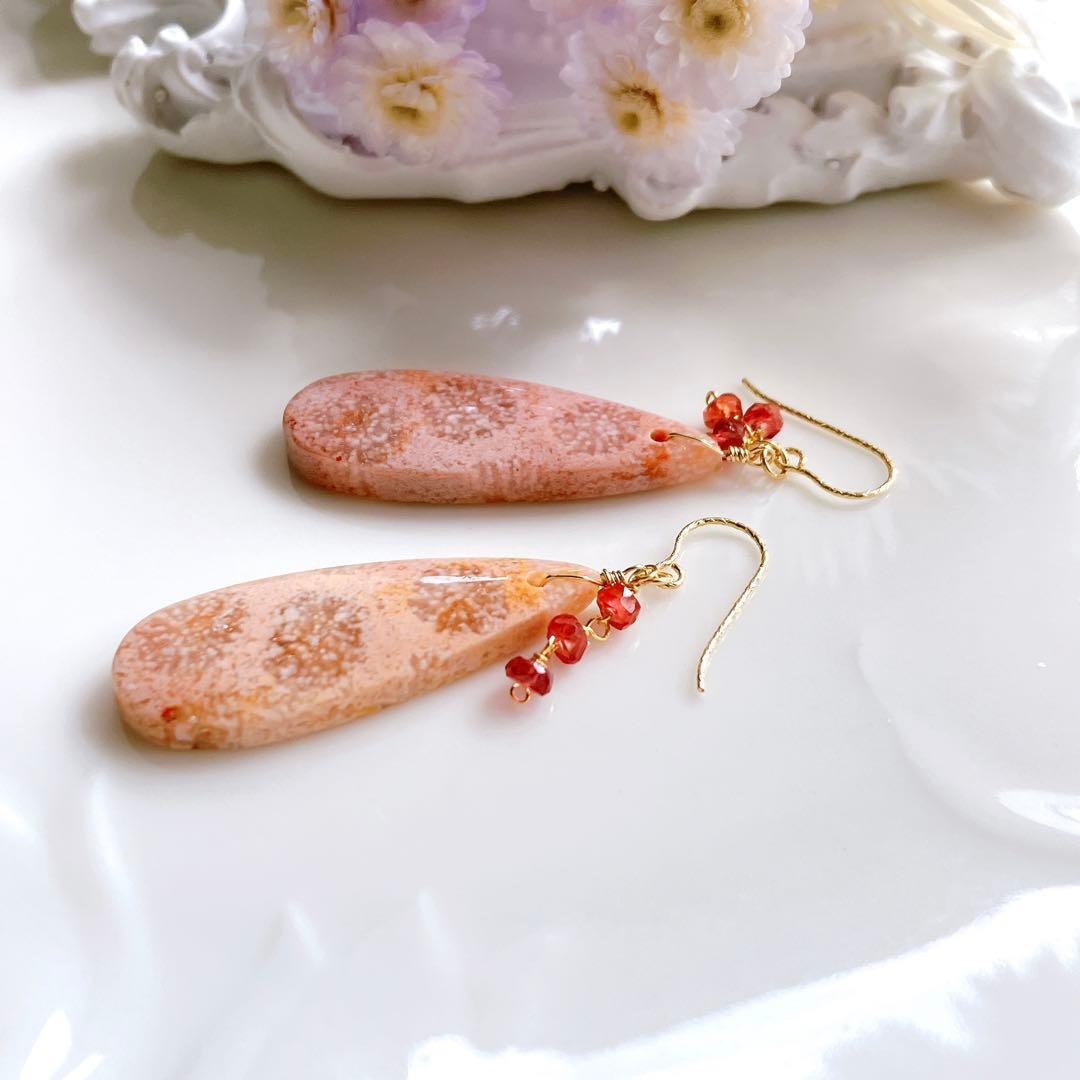 一点物✧ピンクフォッシルコーラル×パパラチアサファイアピアス✧14kgf