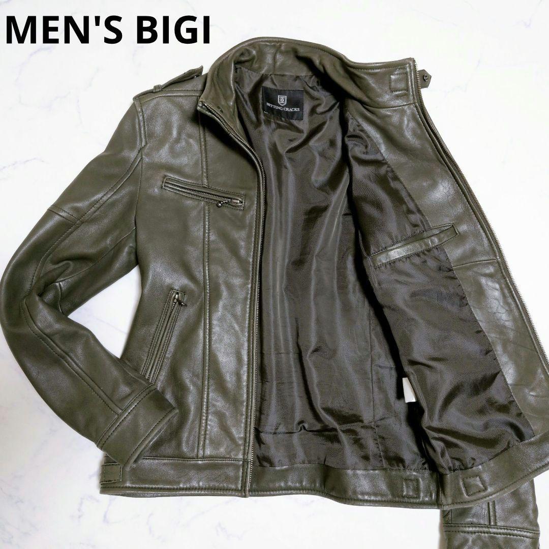 【希少カラー】メンズビギ シングルライダース ラムレザー カーキブラウン М