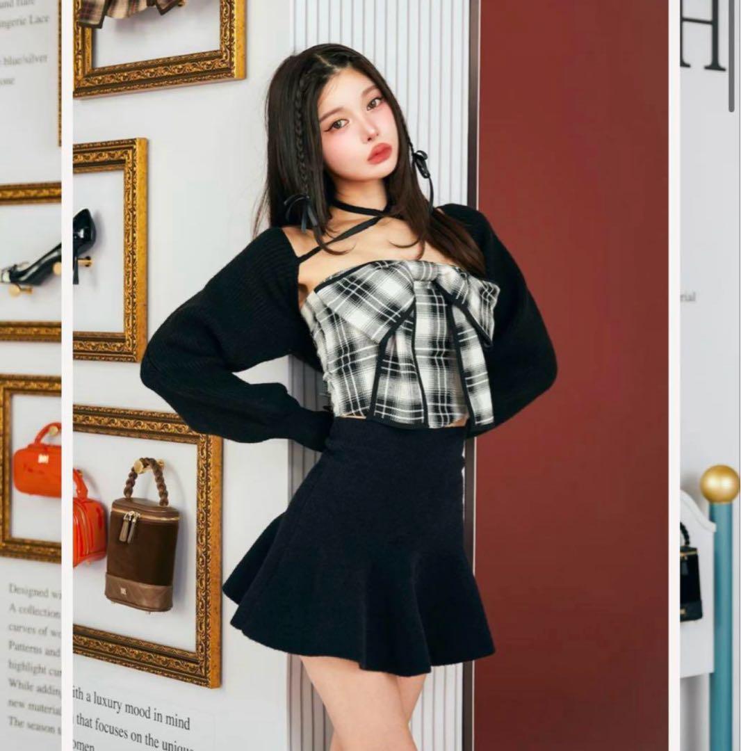 ダーリッチ　リボン付きチェック柄ベアトップ