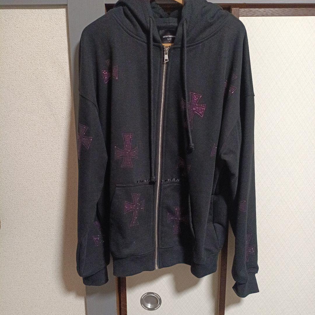 UNKNOWN LONDクロスラインストーンジップアップパーカー パープル