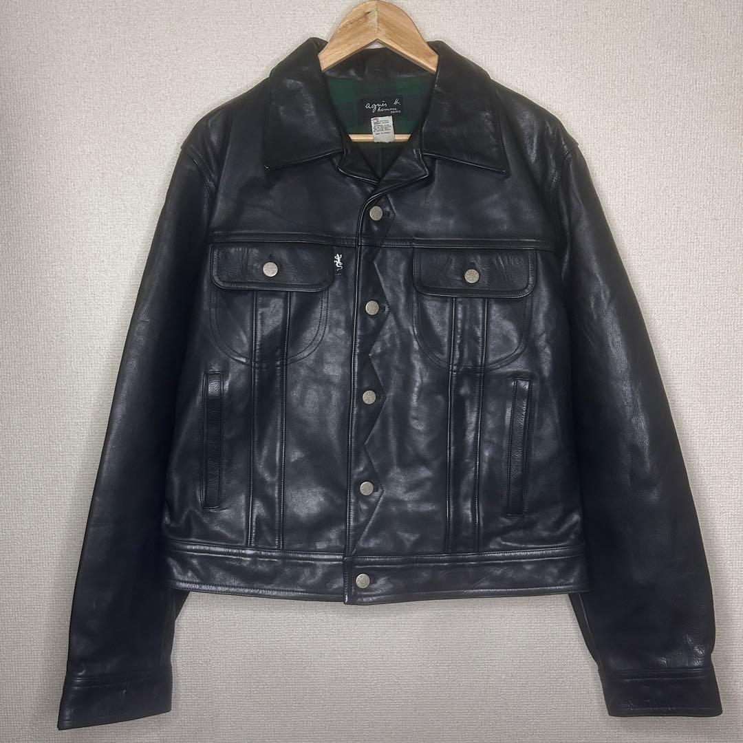 90s agnes b. homme レザージャケット 裏地チェック フランス製