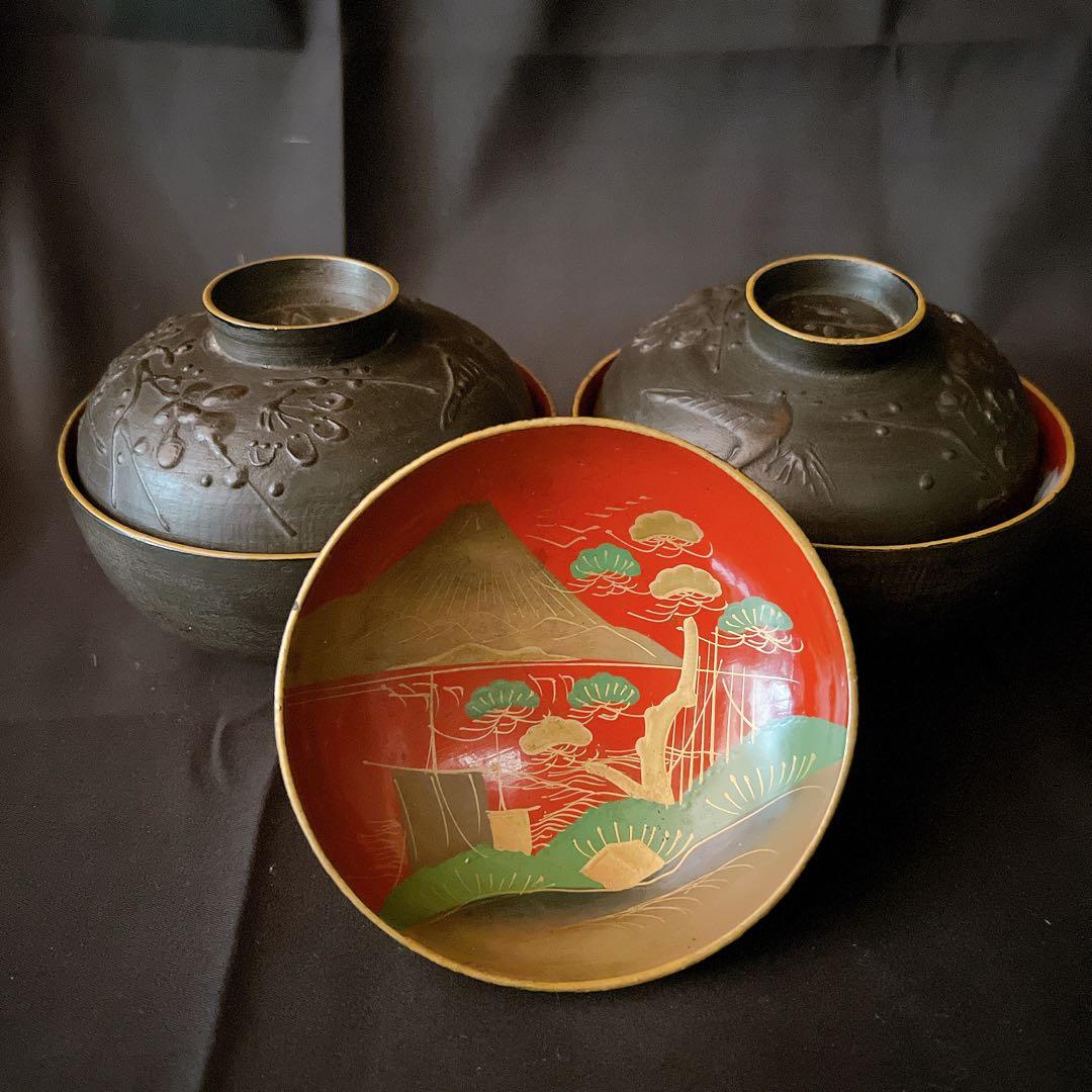 会津鉄錆塗り 古椀 梅文花鳥 松に船 山水 蒔絵 汁椀 富士 帆掛船 伝統