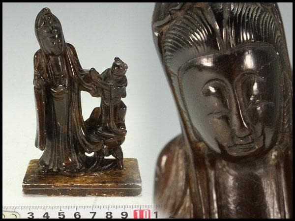 中国美術 寿山石 刻観音菩薩像 台付 時代物(K-LC858)