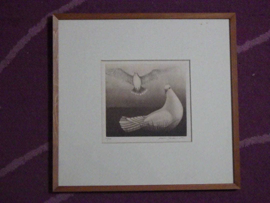 真作 坂本好一 銅版画 版画 鳩 自筆サイン 200部限定 163/200 額装