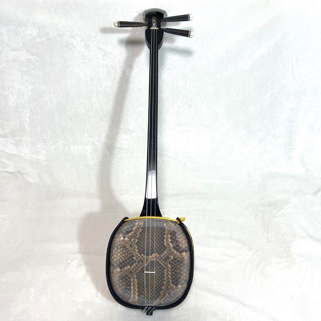 沖縄 黒塗り 三線 人口革 初心者向けセット 鍵付ハードケース付き 付属