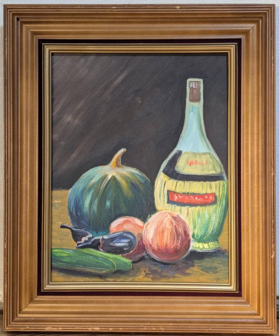 【真作】絵画　油彩6号　静物画　果物とワイン瓶　インテリアアート　Y143