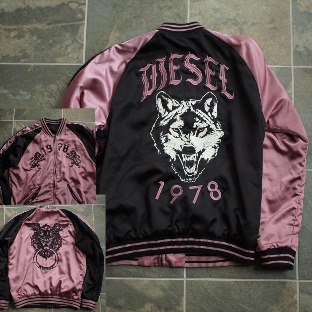 DIESEL ウルフ/ライオン 刺繍 リバーシブル スカジャン ディーゼル L DIESEL リバーシブル スカジャン ウルフ/ライオン刺繍 黒×ピンク Y2K