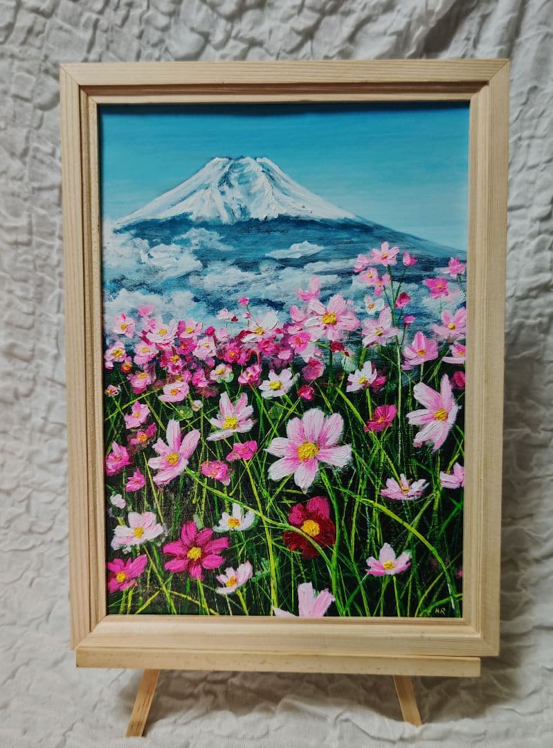 油絵 絵画 【コスモス畑と富士山 】